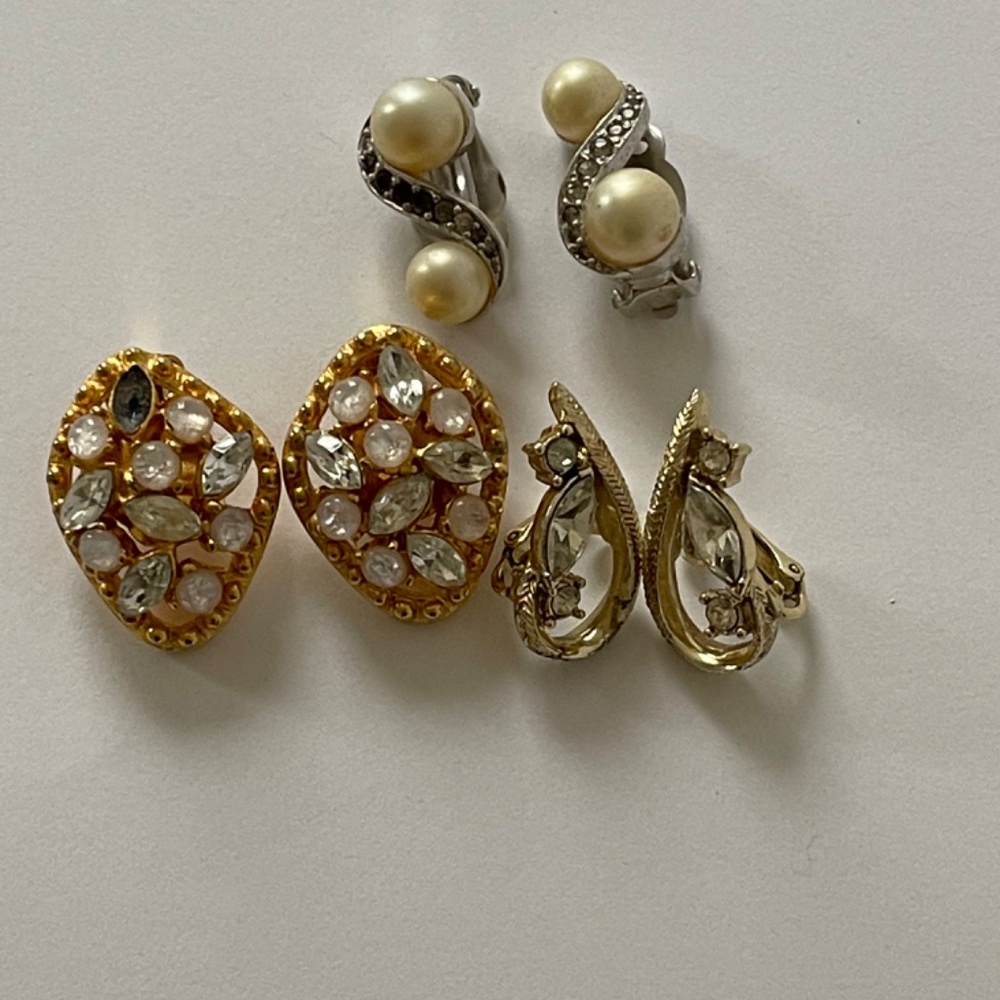 Earrings Vintage Jomaz Berger Coro Signed 3 Pairs Pearls Rhinestones